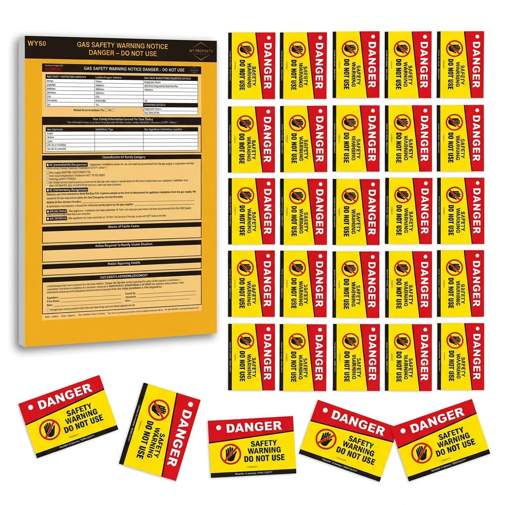 WY Products Gas Safety Warning Notice Kit – 30 Triplicate Forms (80gsm) + 25 Do Not Use Labels – Gas Engineer Safety Pad with Self Adhesive Warning Labels