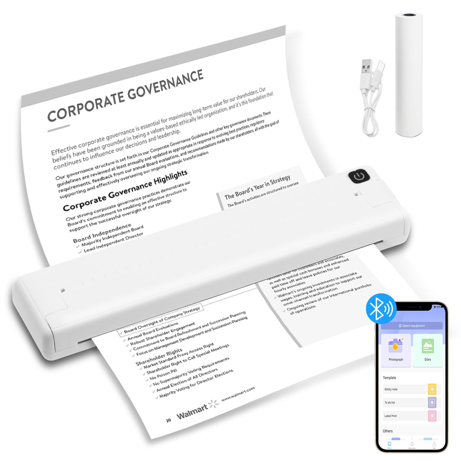 Portable Printers Wireless for Travel, Support 8.3" x 11.7" US Letter, Wireless Printer no Ink for Mobile Office (Without Paper Bin, White)