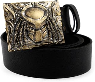 Leather belt with Predator handmade brass belt buckle, extraterrestrial monster trophy Hunter, The Yautja monster buckle on casual belt