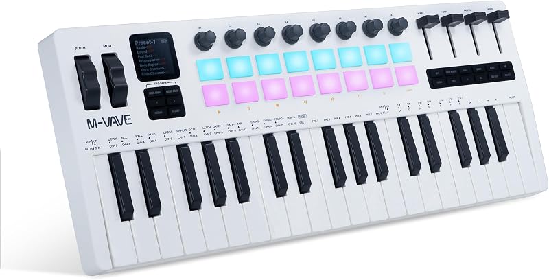 SMK37 PRO MIDI keyboard controller with 16 backlit drum pads, perfect for music production and beat making with responsive touch sensitivity