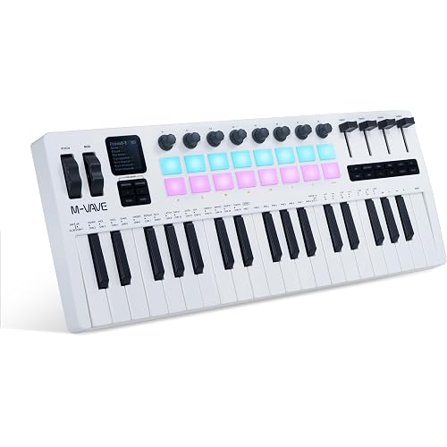M-VAVE 25 Keys 8-16 Backlit Drum Pads MIDI Keyboard – Professional Beat Maker and Keytar for Keyboard Music Production Builtin Battery Wireless Connect (White, MIDI 37 Keys 16 Pads)