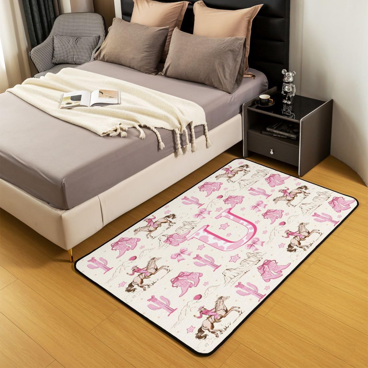 Erosebridal Girls Western Cowgirl Horse Living Room Bedroom Rugs 5 x 7 - Monogrammed U Pink Boots Bows Area Rug for Kids, Retro Wild West Cactus Nursery Kitchen Decor Coquette Bow Door Mat