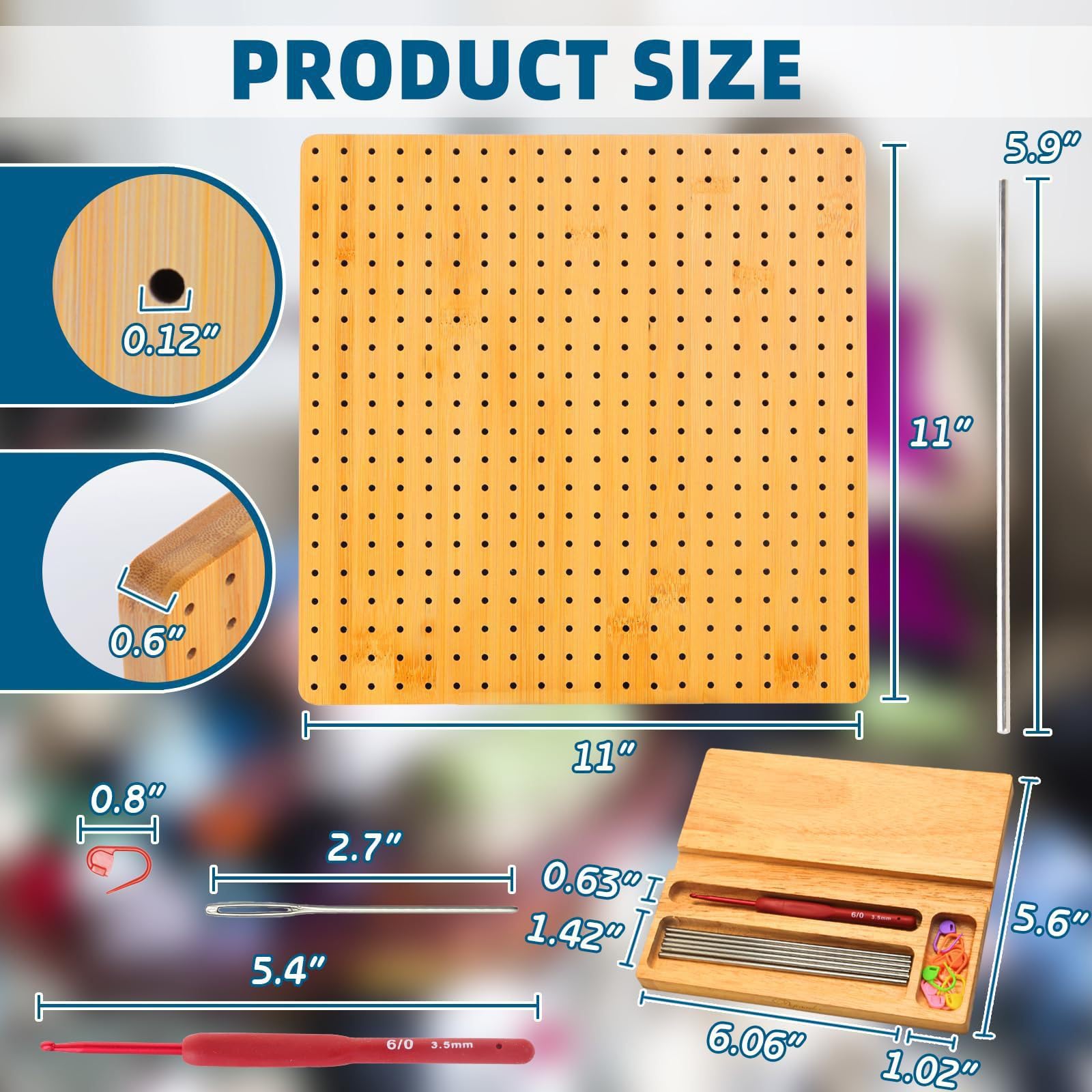 Hinourisha 11 Inch Crochet Blocking Board Handcrafted Wooden Knitting Blocking Mat for Knitting Crochet and Granny Squares, Kit with 15 Stainless Steel Rod Pins, Base Holds Pins and Hooks - Image 2