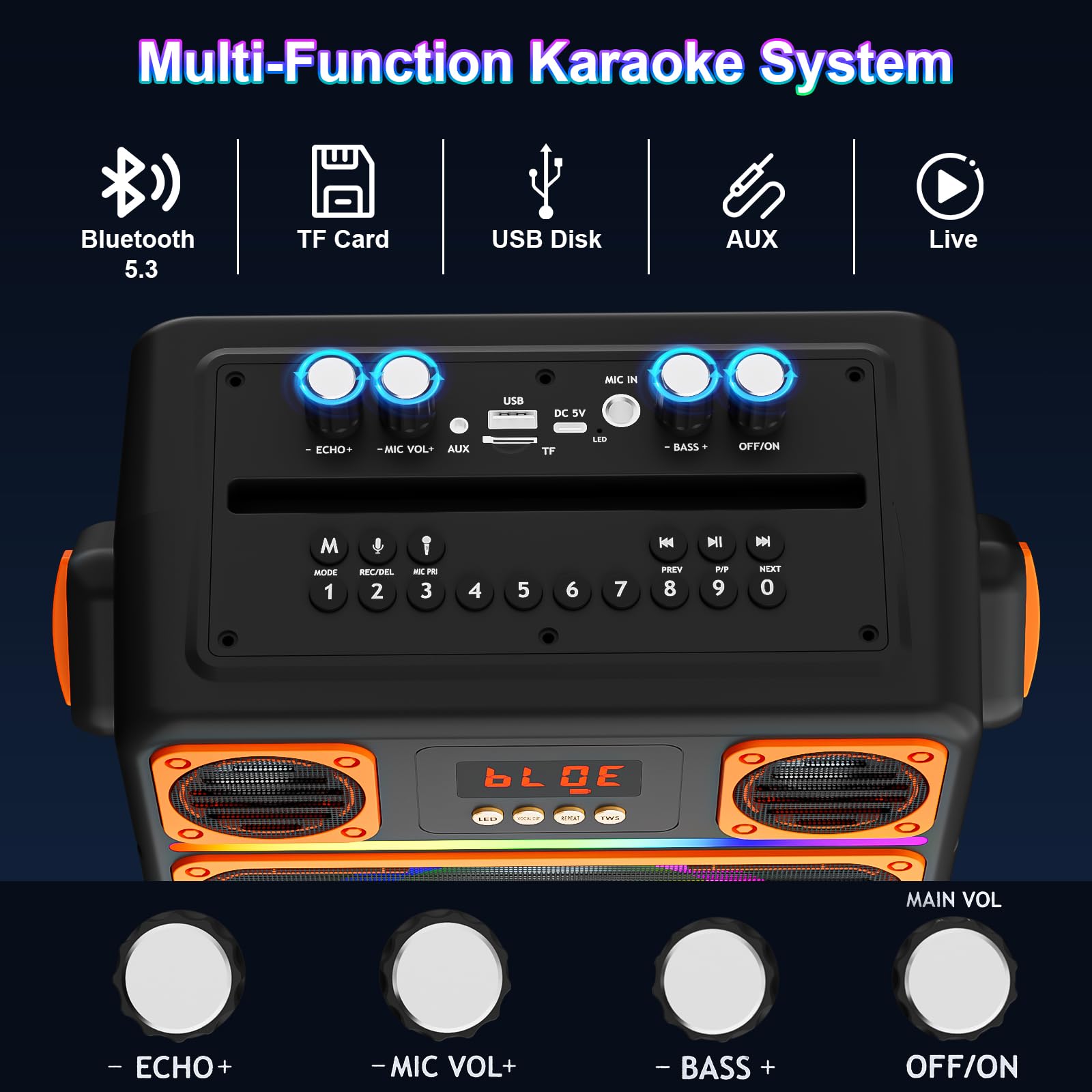 GuKKK przenośny głośnik Bluetooth do karaoke, z regulacją basów/wysokości i diodami LED, na imprezę, czarny