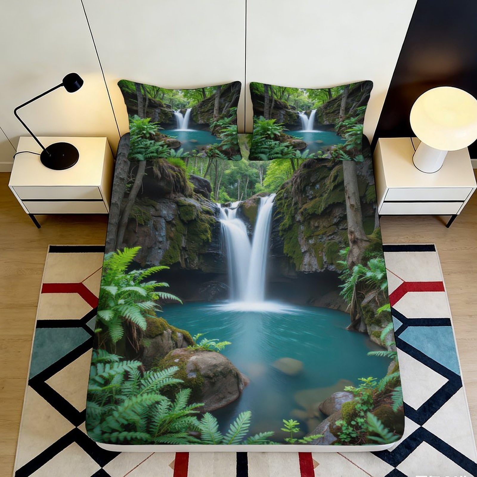 3D Printed Waterfall Fitted Sheet Microfiber Soft Breathable Forest Bed Cover for Bedroom Dormitory Guest Room Mattress Protection Decor 160x200x25cm