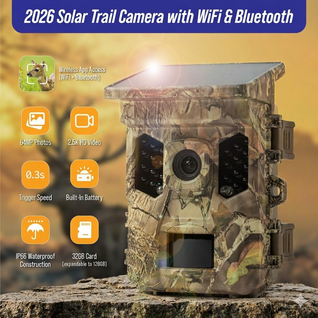 2026 Upgraded Solar Trail Camera 64MP WiFi Bluetooth - Game Camera with Night Vision, Motion Activated, Waterproof Hunting Cam, Wildlife Cam with 32GB SD Card & Built-In Battery, Complete Kit Included
