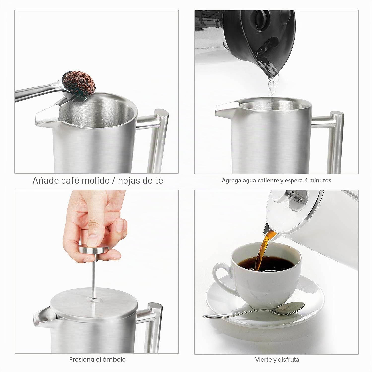 Cafetera de Émbolo Individual Prensa Francesa Acero Inoxidable 1L Plateado