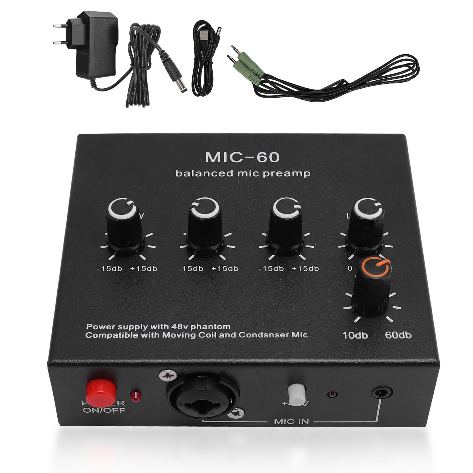 Préampli Micro, 60 DB Gain élevé, 48V Power, 3,5mm/6,35mm/XLR Sortie, Préamplificateur de Microphone, Préampli Microphone pour Micro à Condenseur et Dynamique (Prise UE)
