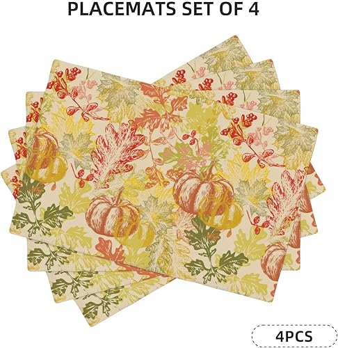 Miniatura 2 de Juego de 4 manteles individuales de lino lavables con diseño de calabaza otoñal para decoración de mesa de comedor y cocina