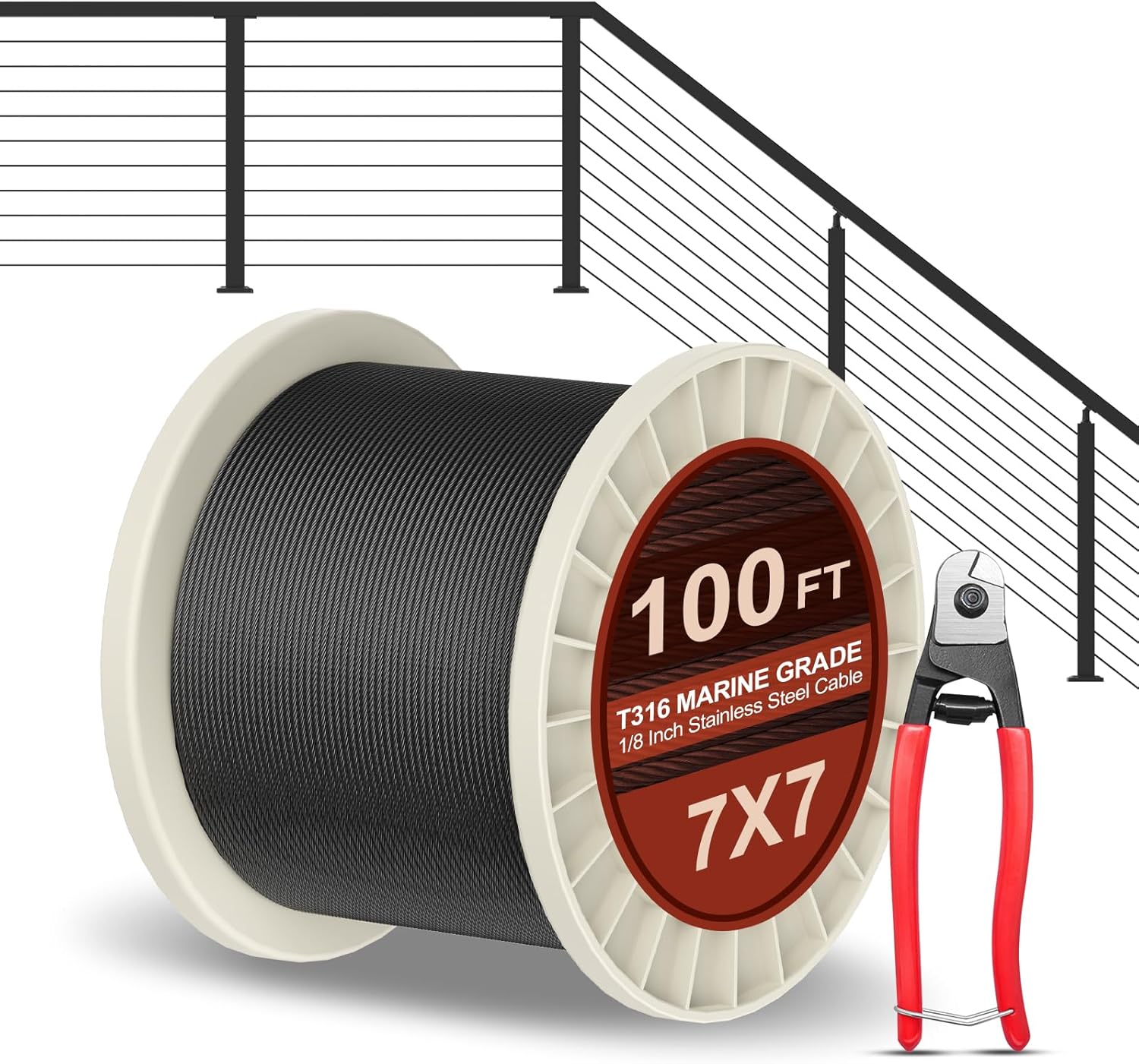 BLIKA 100FT 1/8" Black Stainless Steel Cable with Cutter, T316 Marine Grade, Stainless Steel Wire Rope 7x7 Strand Construction, 1850lbs Breaking Strength Aircraft Cable for Deck Railing