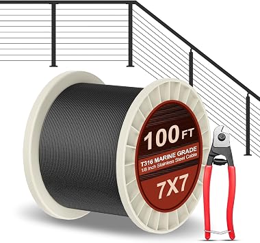 BLIKA 100FT 1/8" Black Stainless Steel Cable with Cutter | T316 Marine Grade, Stainless Steel Wire Rope 7x7 Strands, 1850lbs Breaking Strength Aircraft Cable for Deck Railing