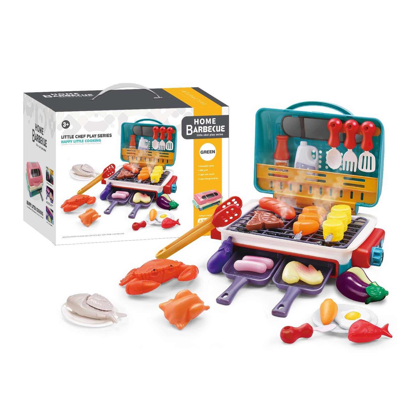 29-Piece Kids BBQ Grill Playset, Colour Changing Toy Food with Light & Sound, Safe Cold Mist Kitchen Accessories – Pretend Play Cooking Set, Outdoor Garden Toys for Boys & Girls Age 3+ (Blue)