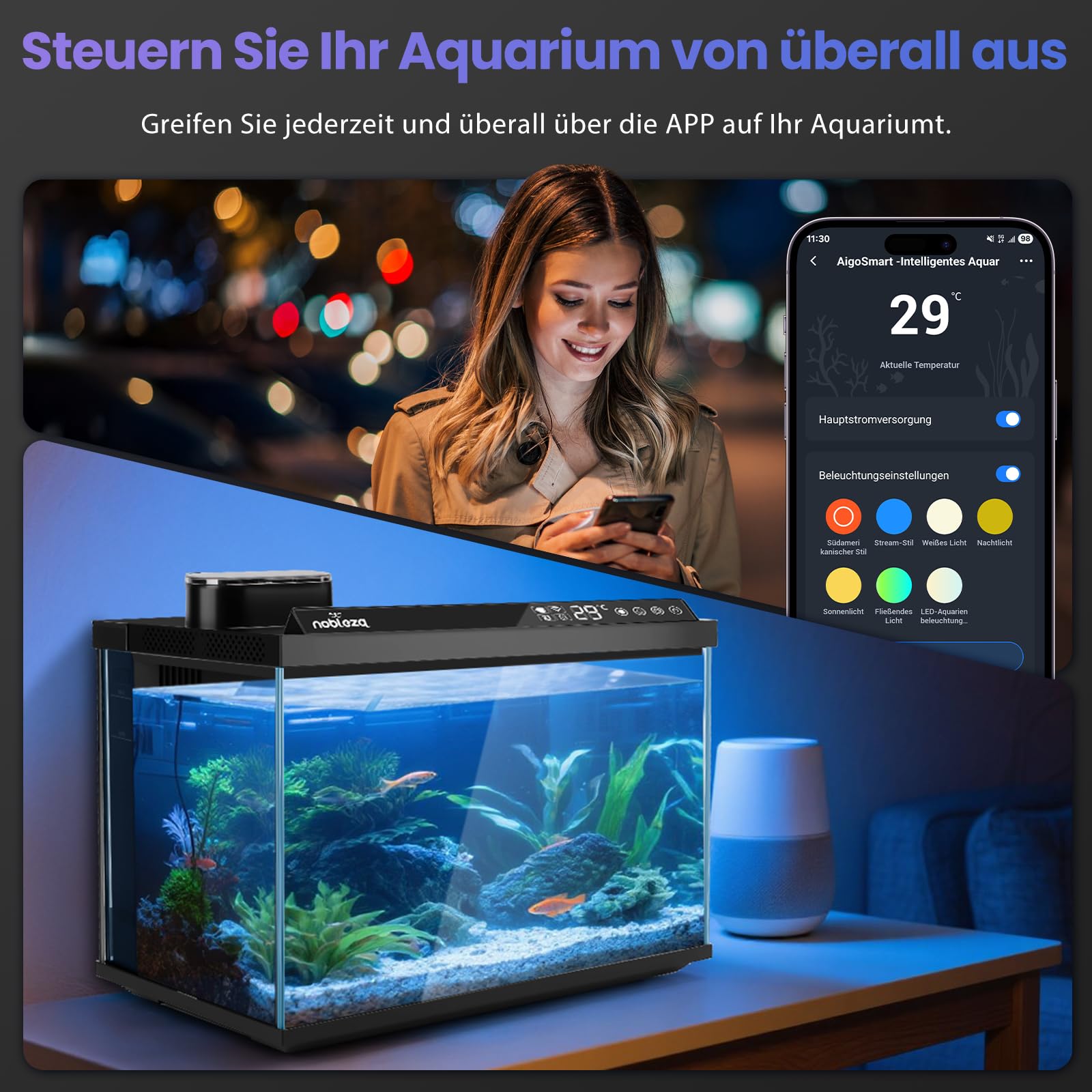 Nobleza Smart Aquarium 30L, WiFi Aquarium Set Komplett mit App-Steuerung, EIN-klick-Wasserwechsel, Automatischer Fütterer, Ultra-Weiß-Glas Nano Aquarium für Anfänger & Büro, 44x24x28.5cm |
