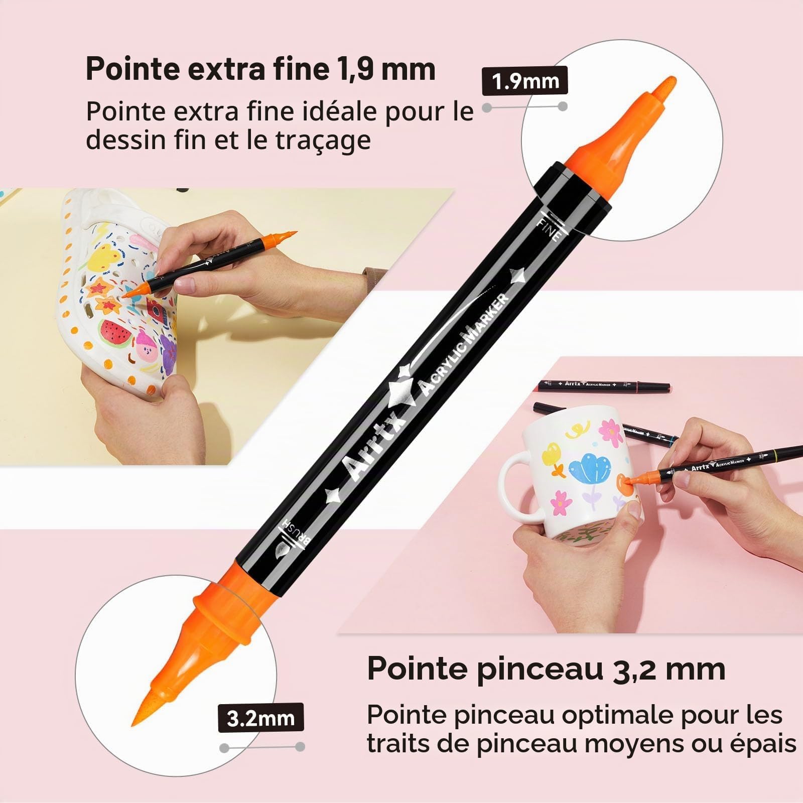 Arrtx Marqueurs Acryliques 64 Couleurs, Stylos à Double Pointe Fine et Pinceau, Fournitures Artistiques pour Peinture sur Roche, Bois, Céramique