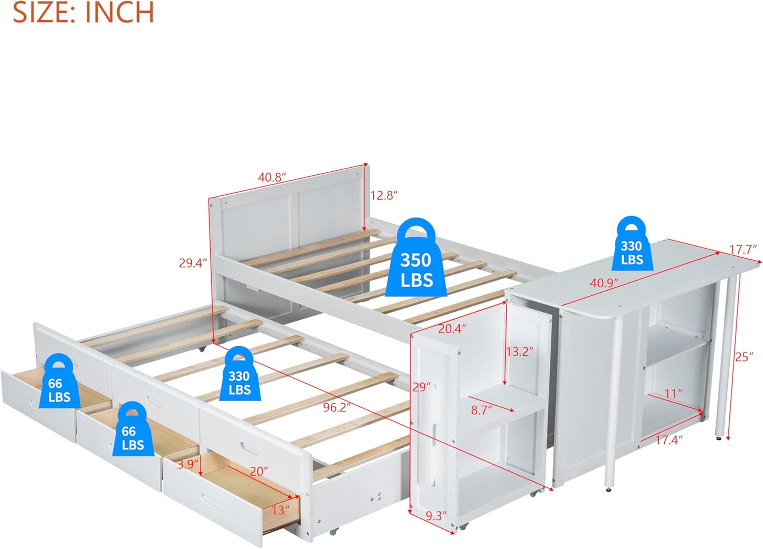 Polibi Twin Size Wood Platform Bed with Desk and Storage Shelf at The End of The Bed,Multifunctional Bed Frame with Built-in Trundle and 3 Drawers,White