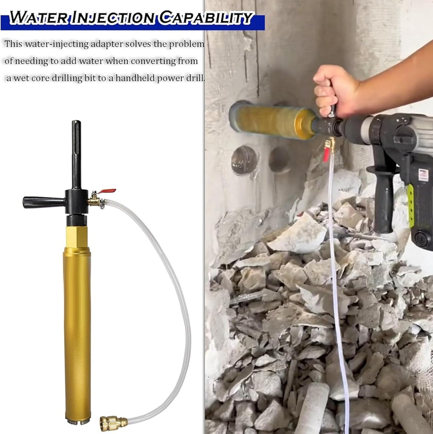 1 1/4"-7 Male to SDS Plus Drill Adapter Kit - Water Injection Capable Concrete Core Drilling Includes Solid Brass Pipe Connector and Hose