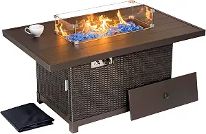 52 Inch Outdoor Fire Pit Table with 50,000 BTU Propane Burner, Wind Guard, Fire Glass, and Weather-Resistant Materials