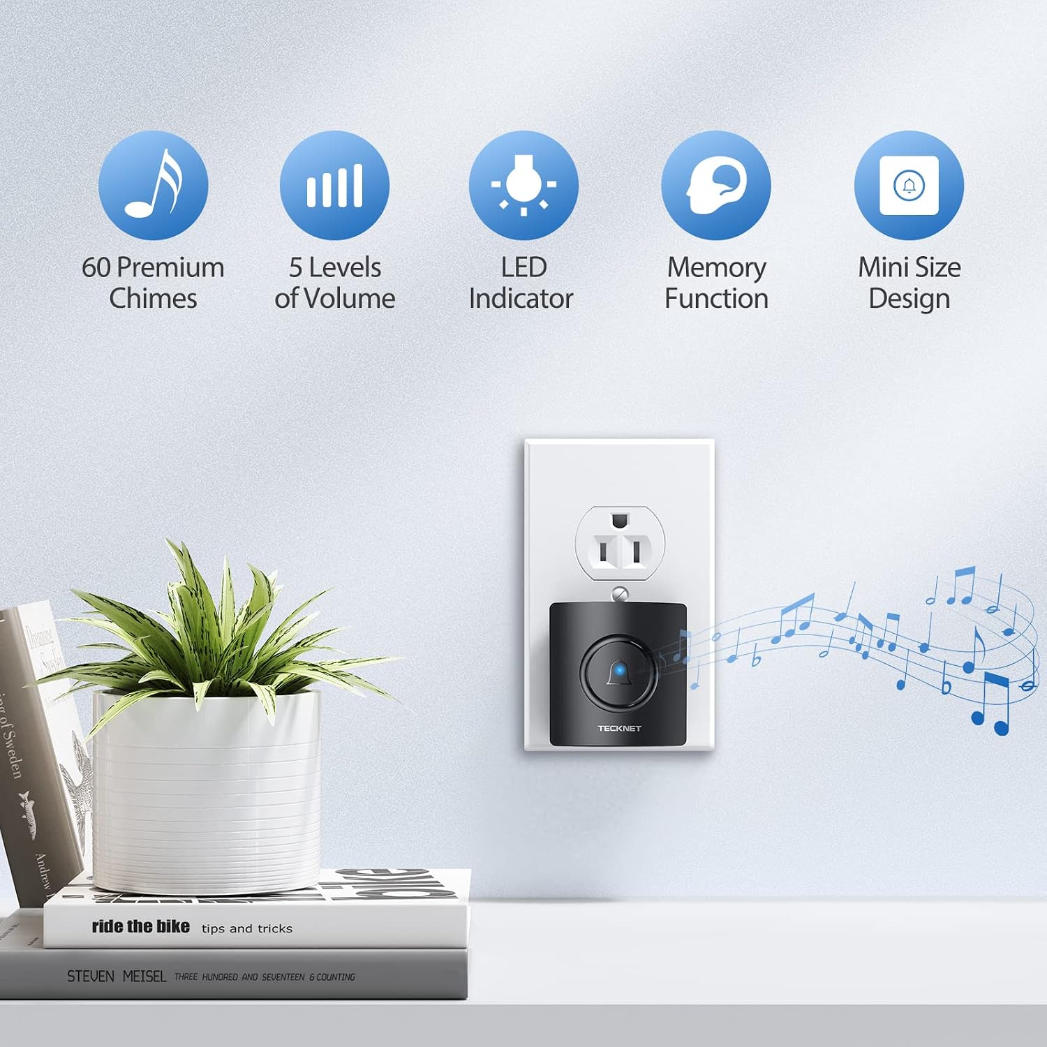 TECKNET Wireless Doorbell, IP65 Waterproof Mini Door Bell Chime Kit, Wireless Doorbells for Home Operating at 1300ft with 2 Plug-In Receivers 60 Chimes, 5 Volume Levels & LED Flashing (Dark Black)