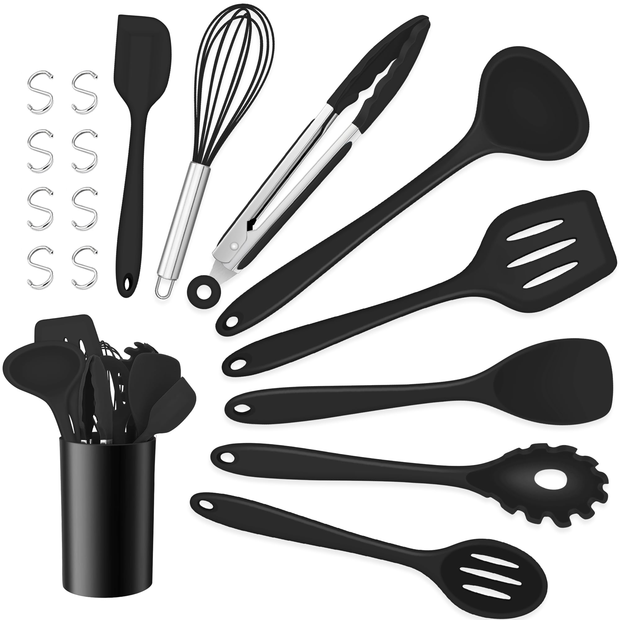 Set 15 Utensili Da Cucina In Silicone TEAMFAR - Resistente Al Calore, Con Portautensili, Colore Bianco