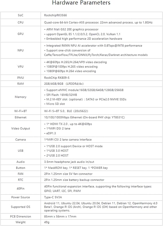Orange Pi 3B 2GB/4GB/8GB RAM Rockchip RK3566 Quad-Core 64-bit SBC Singleboard WiFi+BLE Gigabit Run Android Linux OpenHarmony OS Mini PC 4GB RAM Single Board