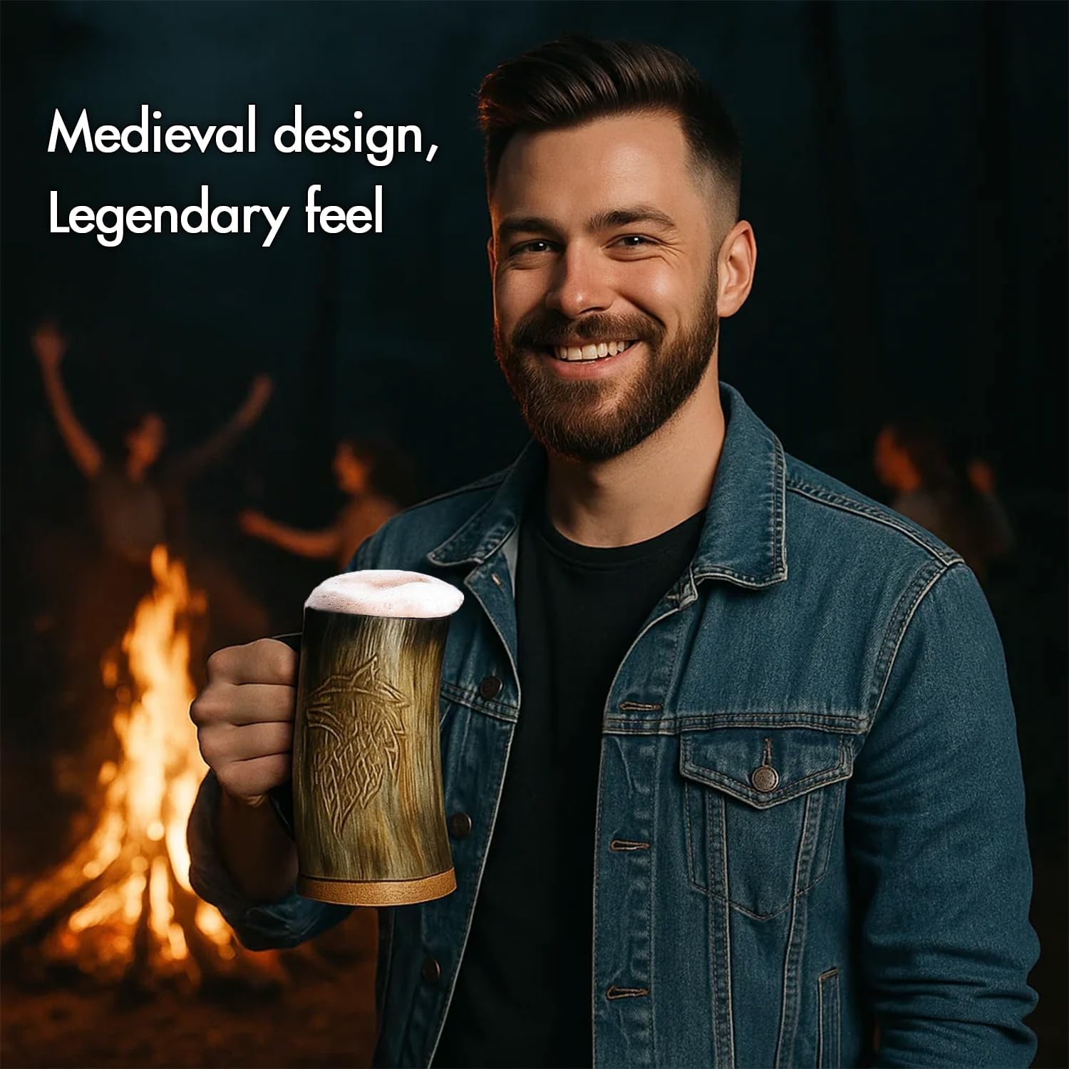Viking Horn Mug With Gift Bag - Food Grade Medieval Style Man's Beer & Mead Cup (The Wolf/Fenrir-Engraved Natural)