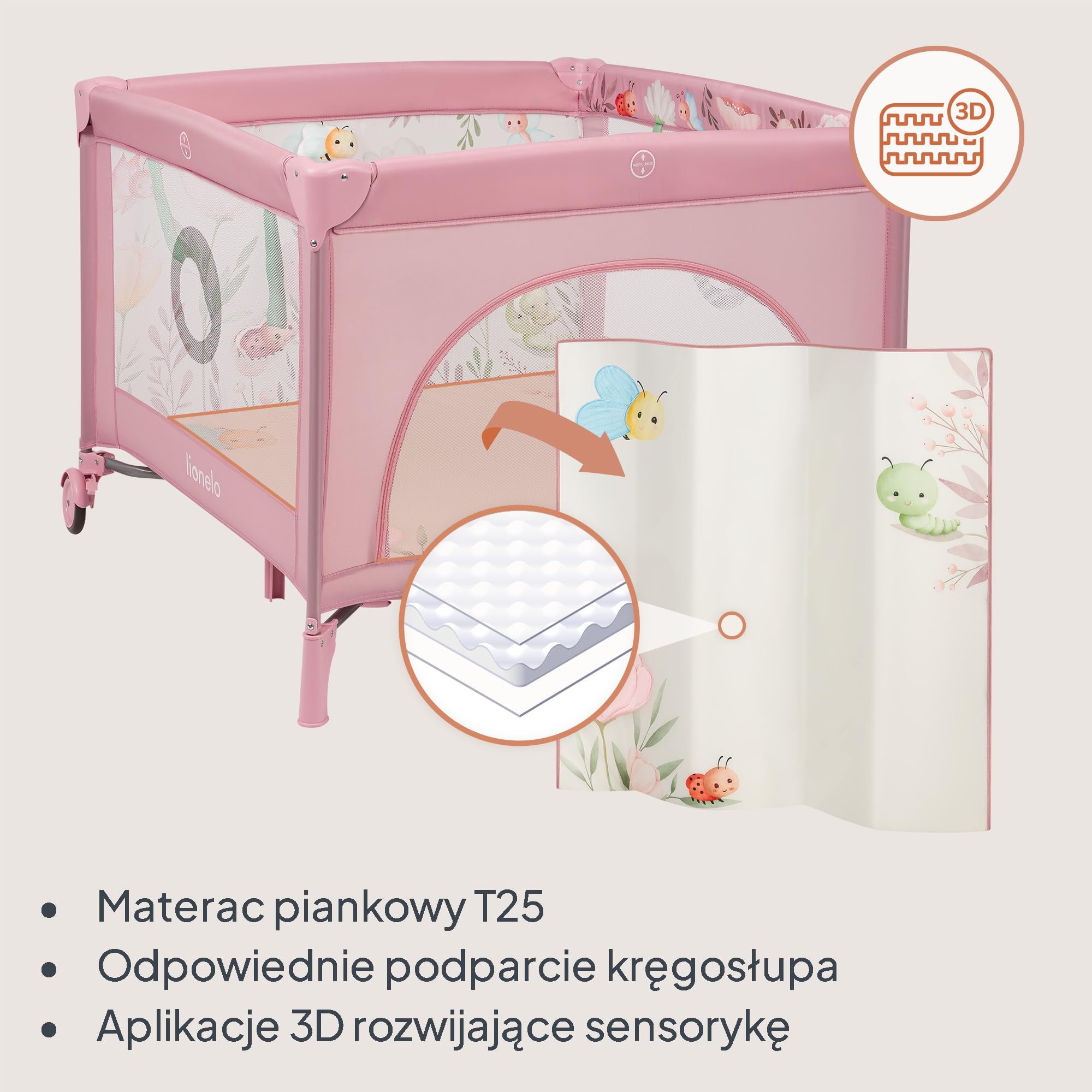 LIONELO Kojec dziecięcy MILLE PLUS do 15 kg 0-36 miesięcy, Boczne Wejście, Materac 3D, 2 Koła z Hamulcem Łatwe Składanie, Torba Transportowa
