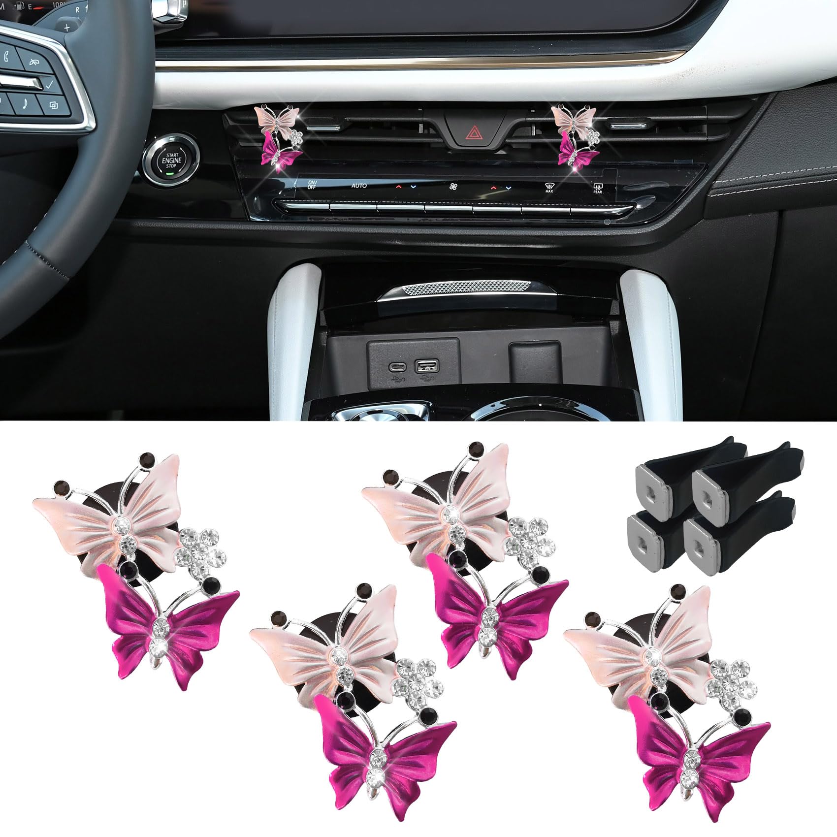 4PCS Car Air Fresheners Vent Clips, Butterfly Car Accessories, Sparkly Bling Dual Butterfly Auto Air Vent Clips, Automotive Cute Air Conditioning Outlet Decoration Universal for Women Girl