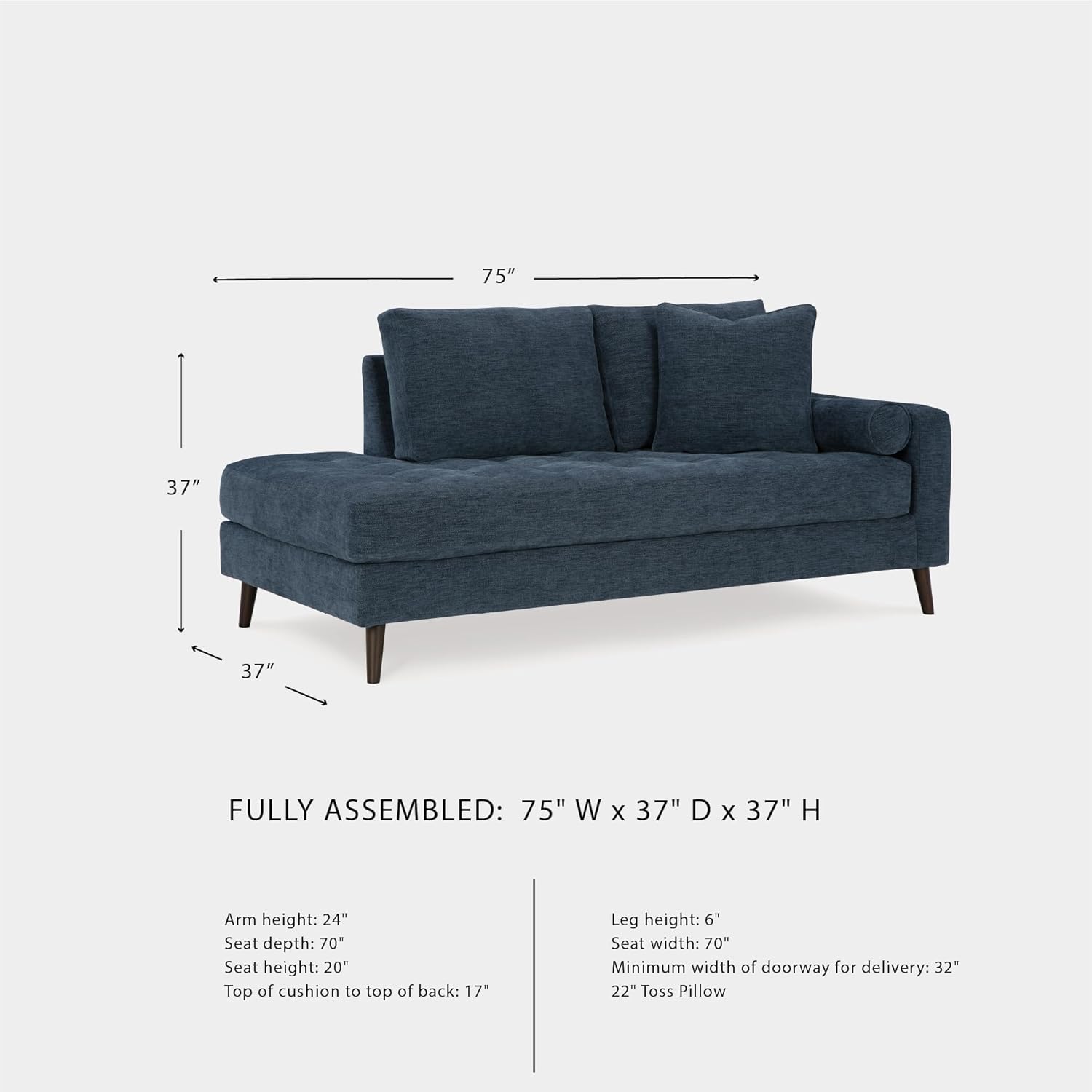 Signature Design by Ashley Bixler Classic Tufted Right-arm Facing Corner Chaise with Tapered Legs and Removable Cushions, Blue