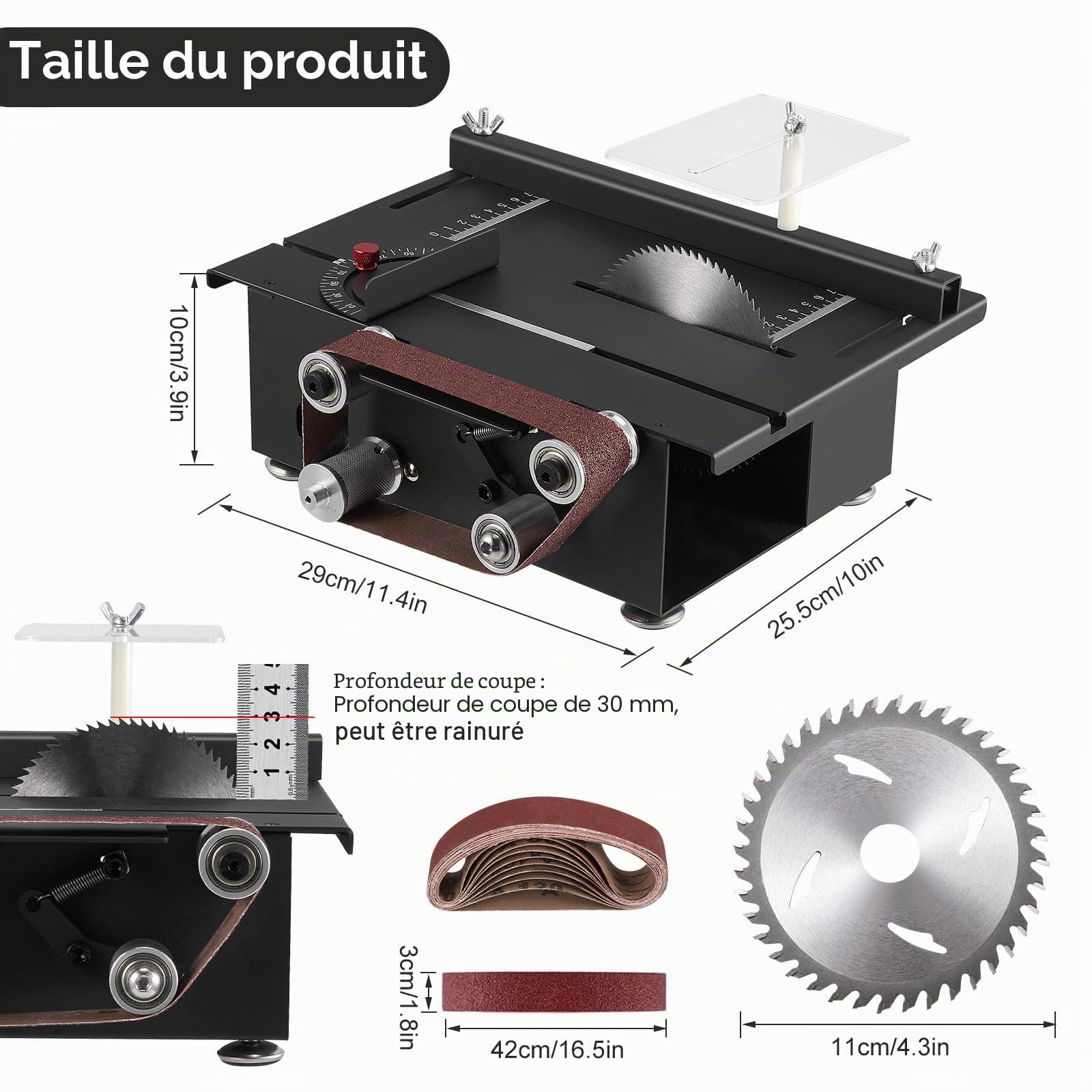 Mini scie circulaire de table et ponceuse à bande, scie circulaire avec angle de coupe réglable 0‑90°, mini poste de travail électrique pour bricolage DIY bois, 4 lames, lame de scie 30 mm, noir