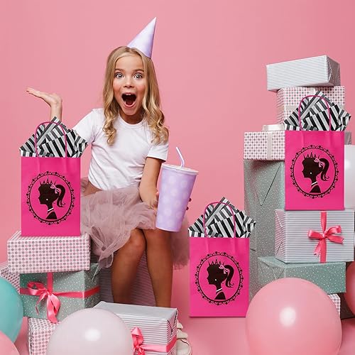 Miniatura 6 de 12 bolsas de regalo de princesa con papel de seda a rayas, color rosa intenso con asas, lindas bolsas de regalo para niñas para fiestas temáticas de