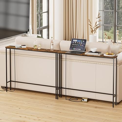 Miniatura 2 de Paquete de 2 mesas consola de 5.9 pulgadas con toma de corriente, moderna mesa de sofá estrecha detrás del sofá, mesa de entrada delgada con marco