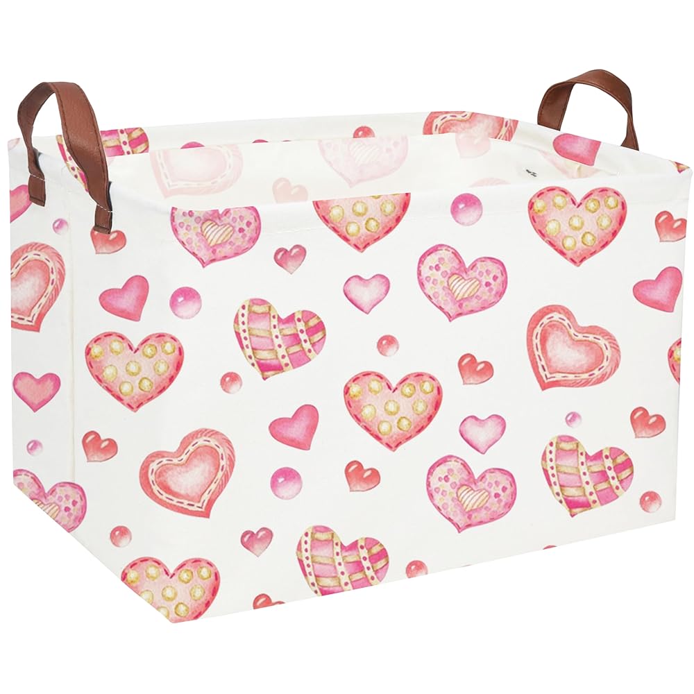 Essme Rectangular Pink Basket Gift Storage Box,Heart Storage Bins Organizer with Handles for Girls Room Decor, Valentine\'s Day Basket,Shelf Basket,Toy Organizer(Dreamy Heart)