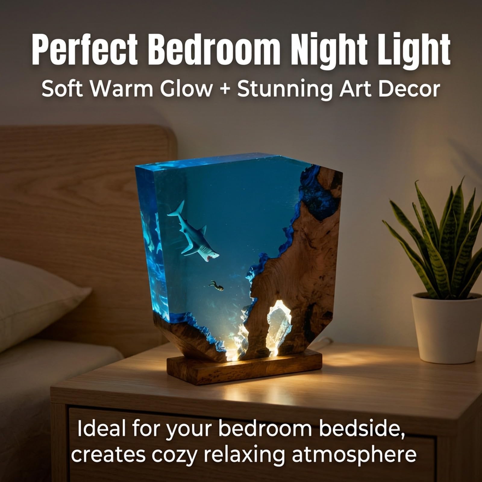 Lampada Resina Epossidica, Luce Notturna con Design Oceano 3D | Lampada LED artigianale in resina e legno per scrivania, comodino, camera e arredamento casa(15*13cm/5.9*5.1in)