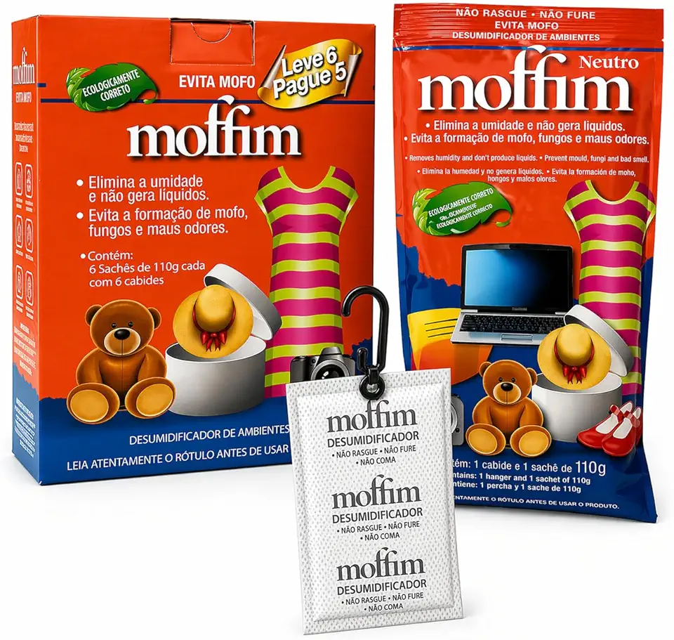 Kit 12 Antimofo Desumidificador Moffim 110g - Tira Mofo, Absorvente de Umidade para Armários, Guarda-Roupas, Gavetas, Sapateiras, Arquivos, Despensas, Proteção Contra Mofo e Umidade
