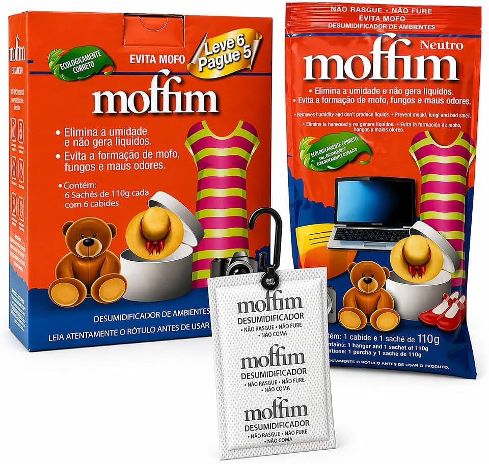 Kit 12 Antimofo Desumidificador Moffim 110g - Tira Mofo, Absorvente de Umidade para Armários, Guarda-Roupas, Gavetas, Sapateiras, Arquivos, Despensas, Proteção Contra Mofo e Umidade