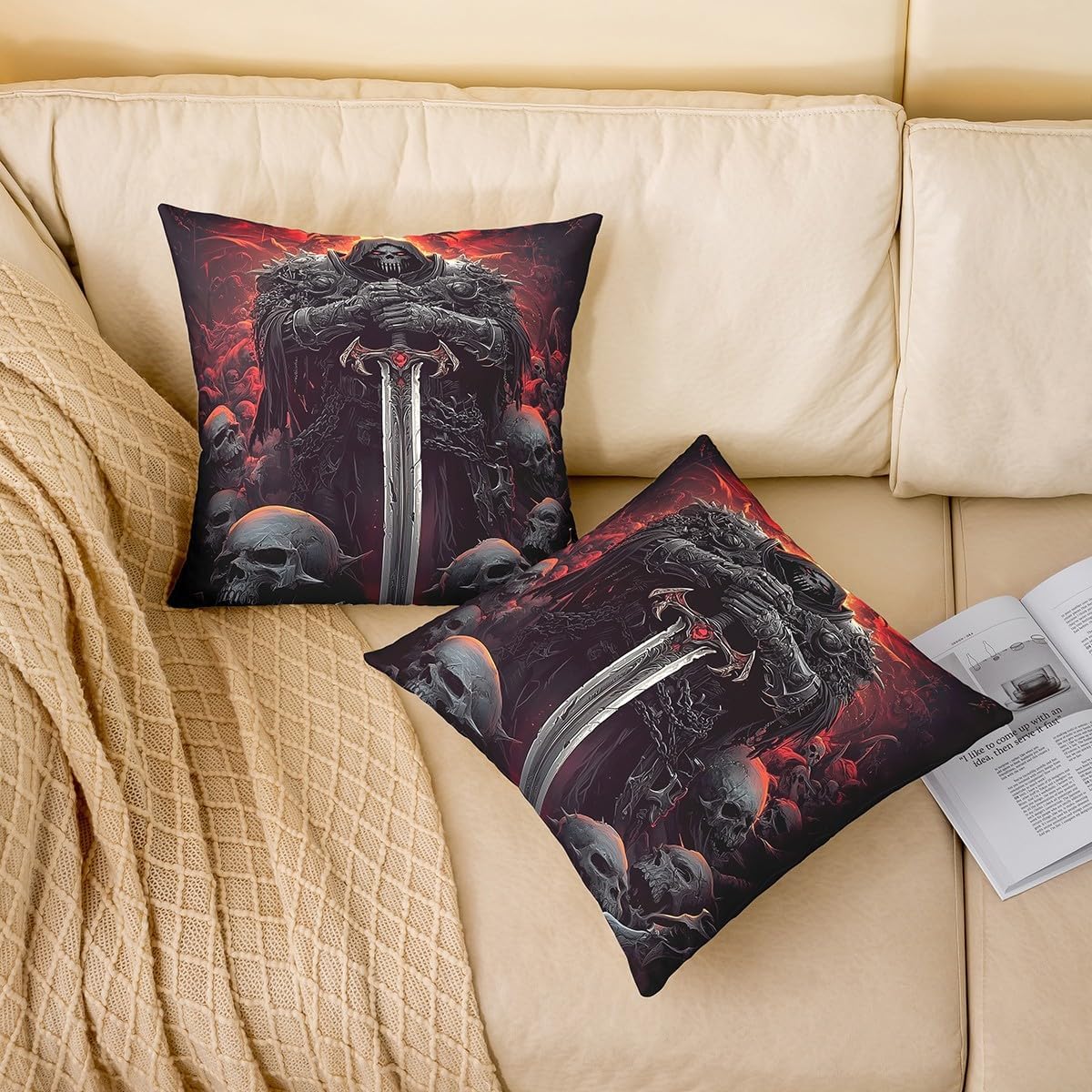 Sword Skull Throw Pillow Cover Retro Skeletons Gaming Square Cushion Case Gothic Style Decor Throw Porch Pillows Cases for Couch Sofa Living Room,Soft Pillowcases,20x20 Inches image 2