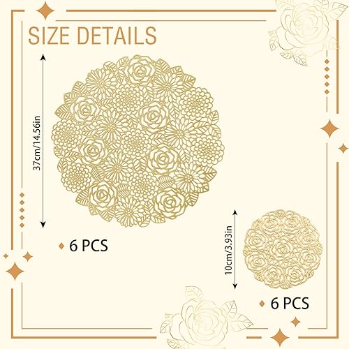 Miniatura 2 de Juego de 12 manteles individuales redondos de vinilo prensado dorado, manteles individuales metálicos, diseño floral de rosas, antideslizantes, para