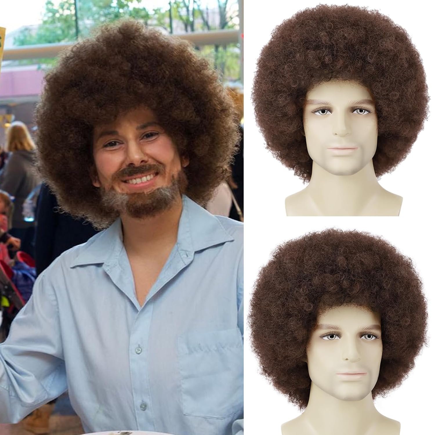 Men's Afro Wig Set for 70s Disco Party, 5pcs (Wig+ Glasses+ Necklace+ Mustache+ Wig Cap) 70s Outfits Costume for Cosplay Halloween Christmas Party (Black, Black+Accessories)