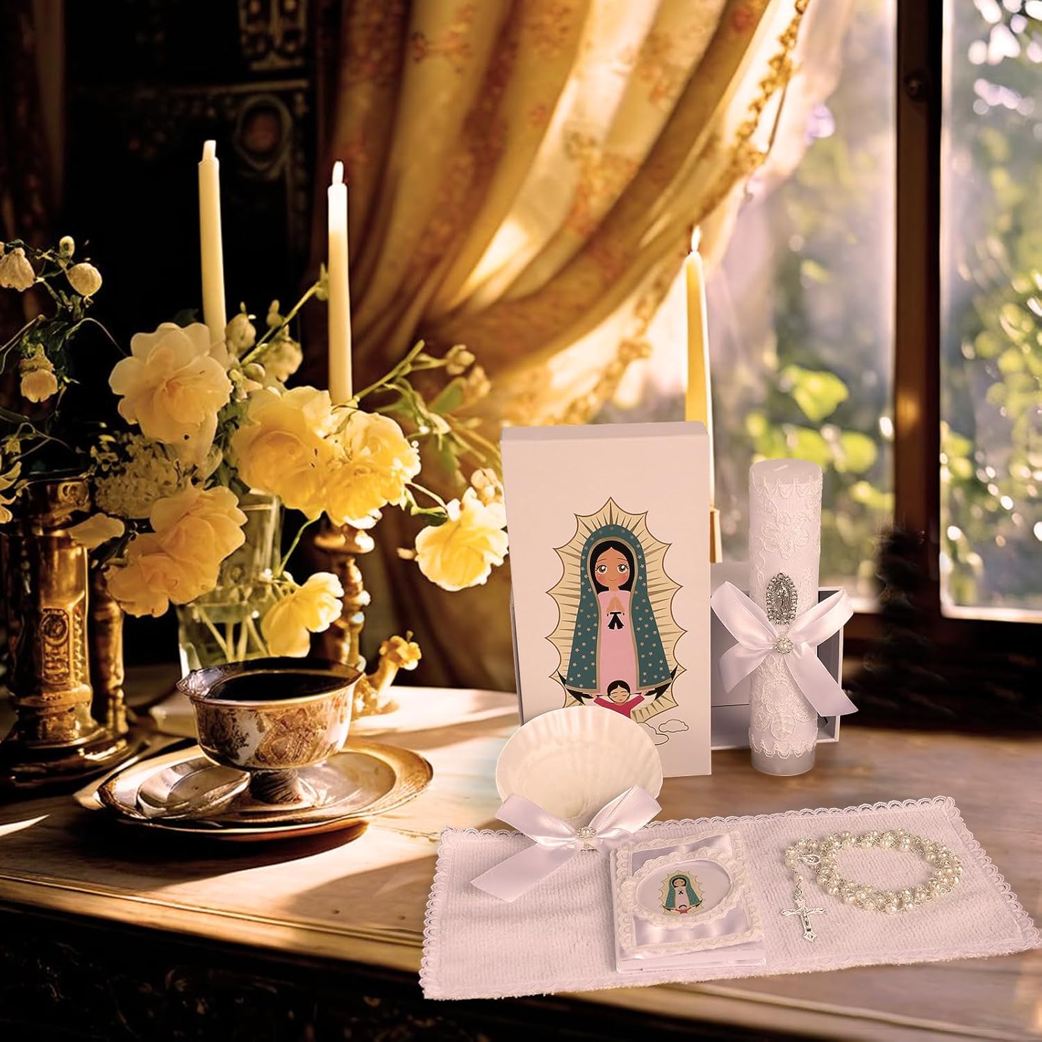 Baptism Candle Set for Boys and Girls,5 PCS Baptism Kit Virgen De Guadalupe Catholic Candle,Towel,Shell,Rosary,Bible for Baptismal Christening First Communion Gifts,Velas para Bautizo De Niño Niña