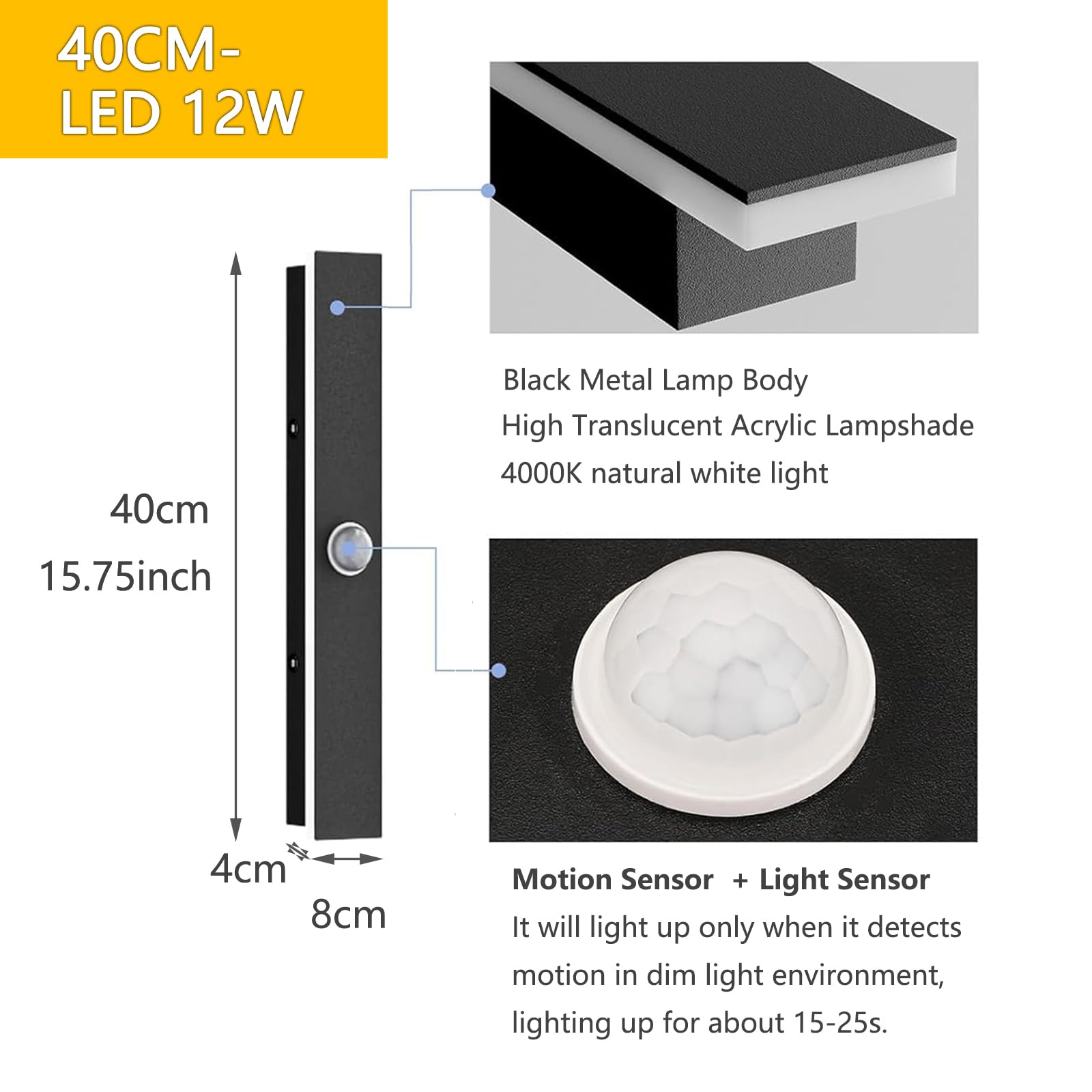 Lámpara de Pared de 40 cm con Detector de Movimiento para Exterior/Interior, Larga Lampara Pared con Detector de Movimiento LED Moderna Para Villa/Terraza