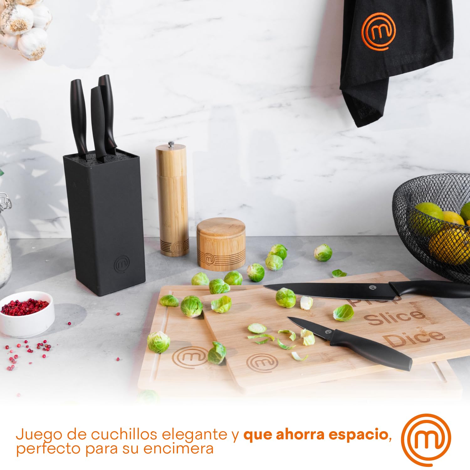 MasterChef Juego de Cuchillos de Cocina 5 Piezas, Acero Inoxidable, Negro, Tacto Suave