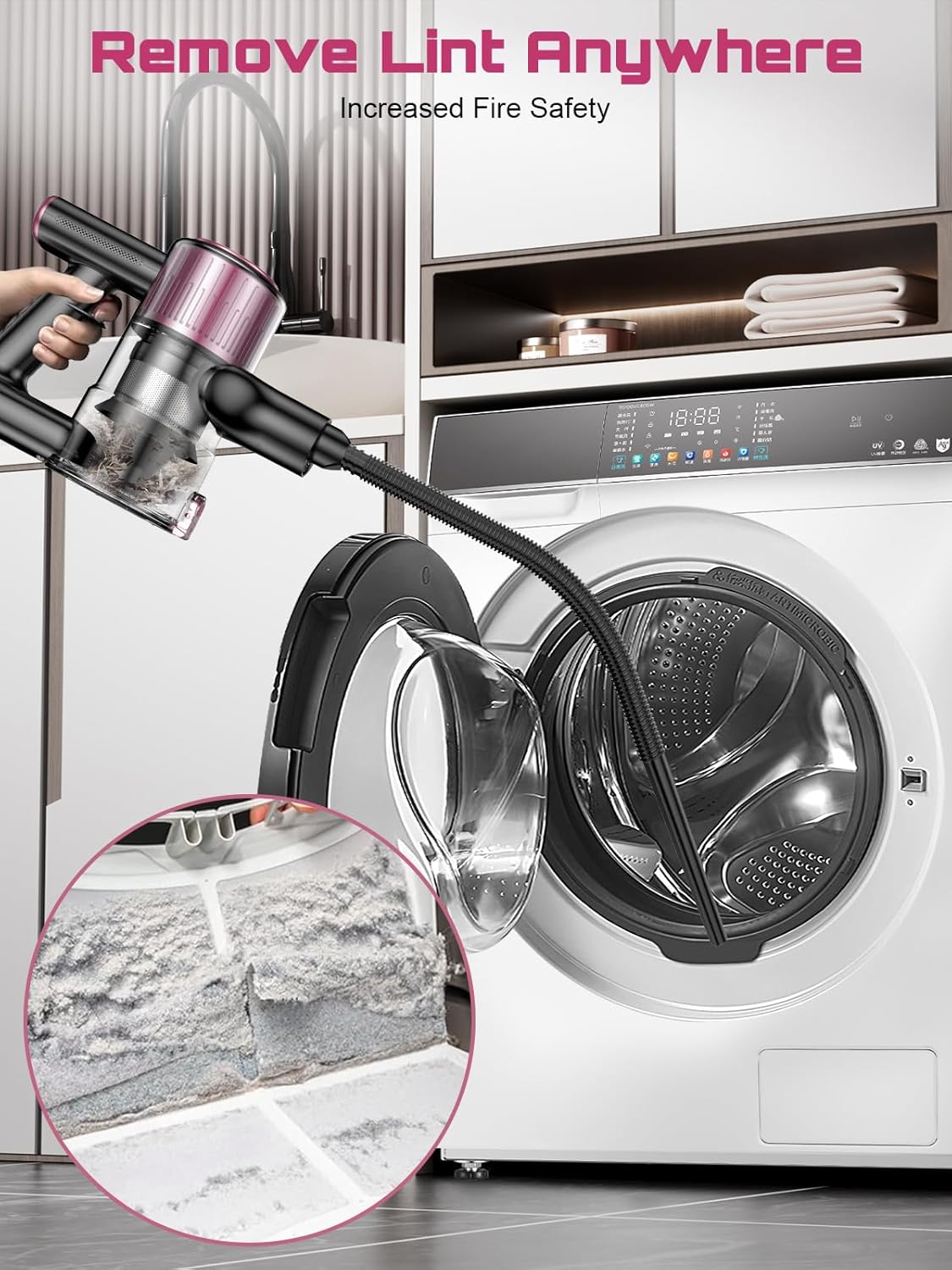 Cordless vacuum with an extra-long hose attachment cleaning lint from a dryer vent.