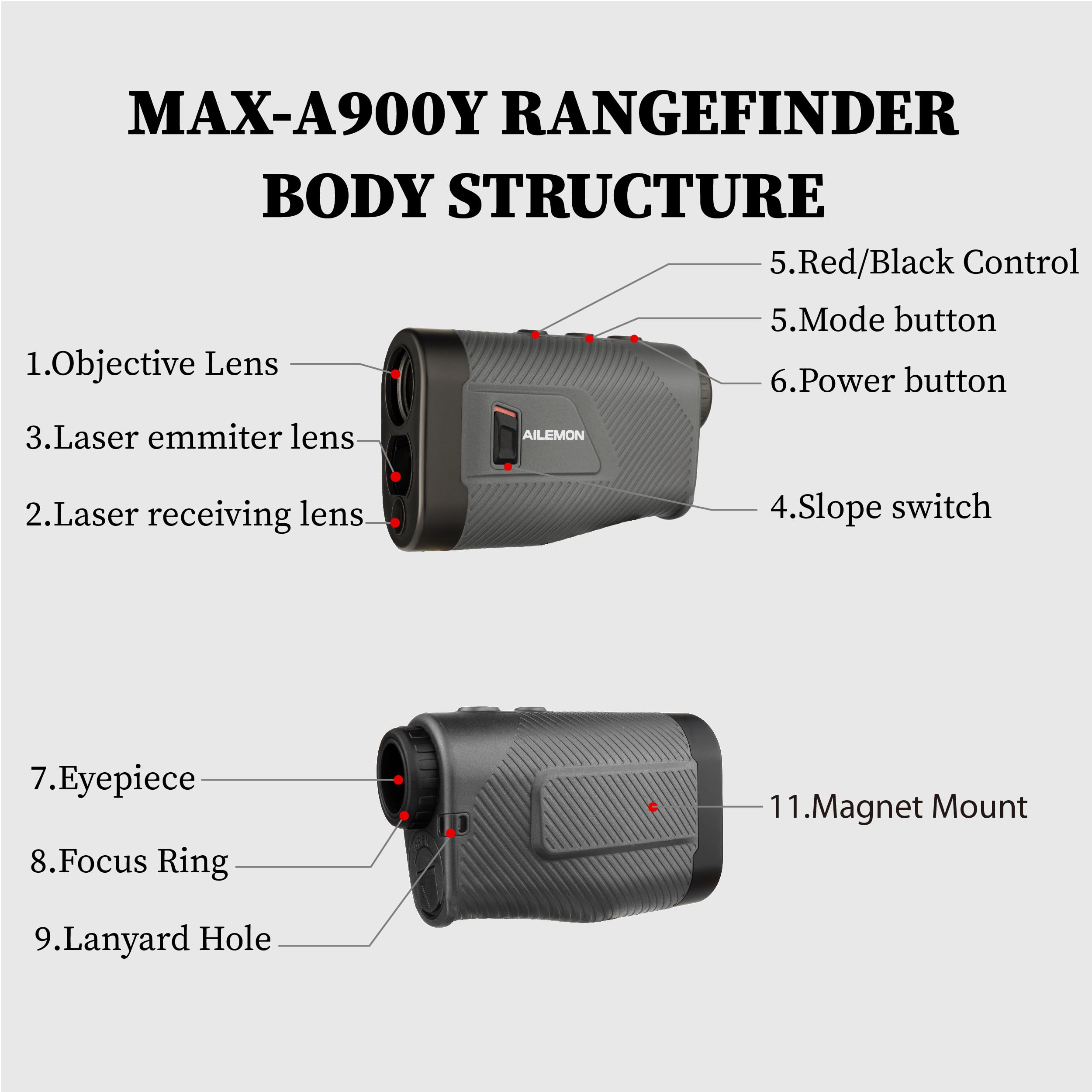 AILEMON 900 Yards Entfernungsmesser Golf Entfernungsmesser mit Neigungsschalter, 6-fache Vergrößerung, Laser-Entfernungsmesser, Schwarz/Grau