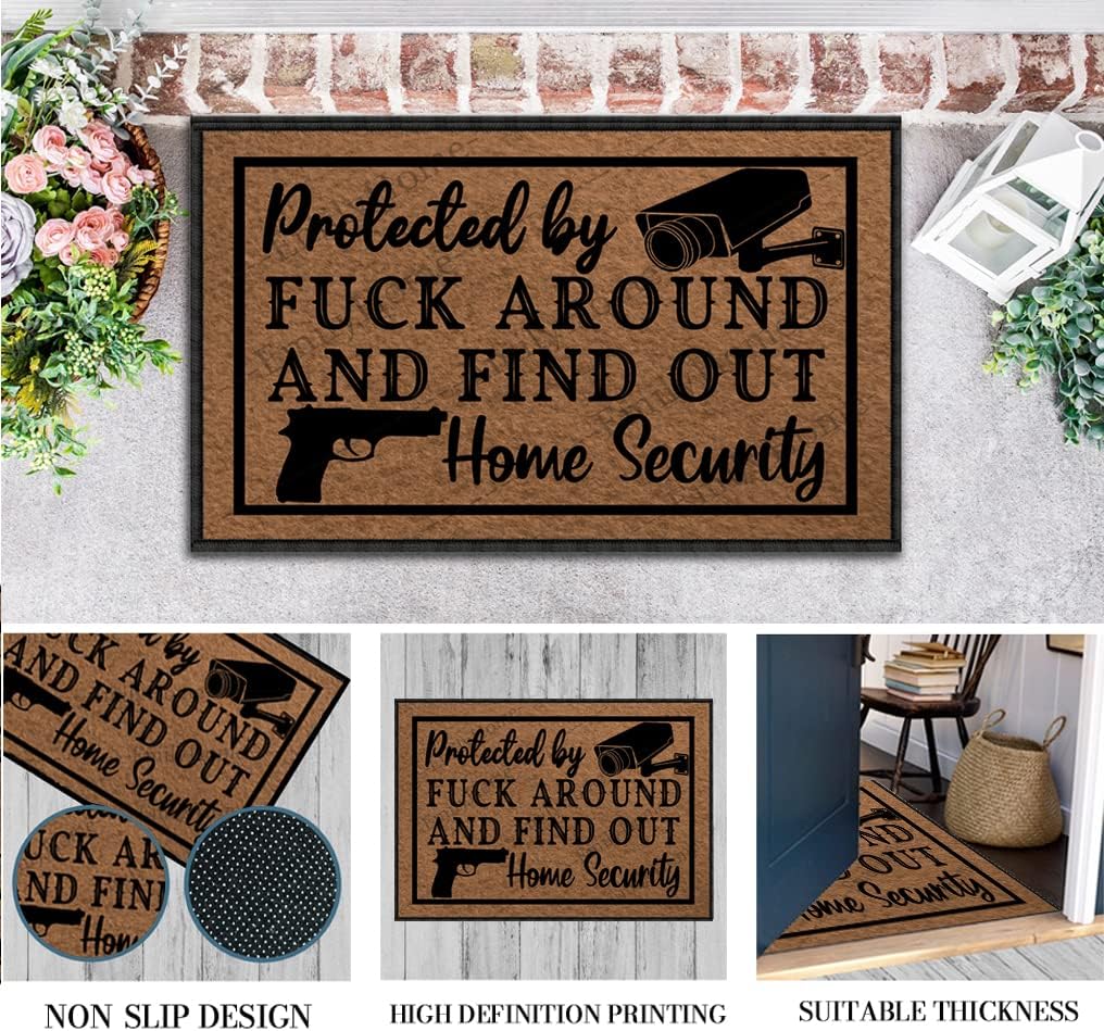 Doormat Rug, Funny Protected by Fuck Around and Find Out Home Security, 30X18 Inch, Outdoor Indoor, Non Slip, Washable