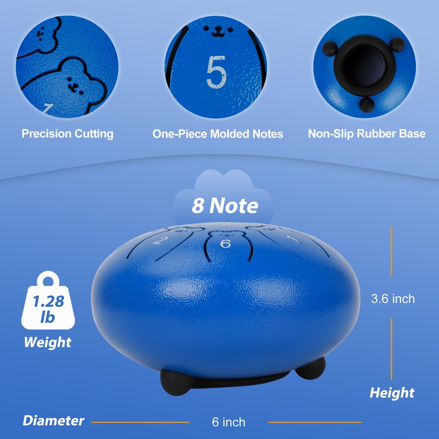 Bear Steel Tongue Drum for Kids, 6 Inch 8 Notes Rain Drum for Outside Garden, Steel Drum Instrument with Mallets, Music Book and Carry Bag, Music Gifts for Grandkids (Dark Blue)