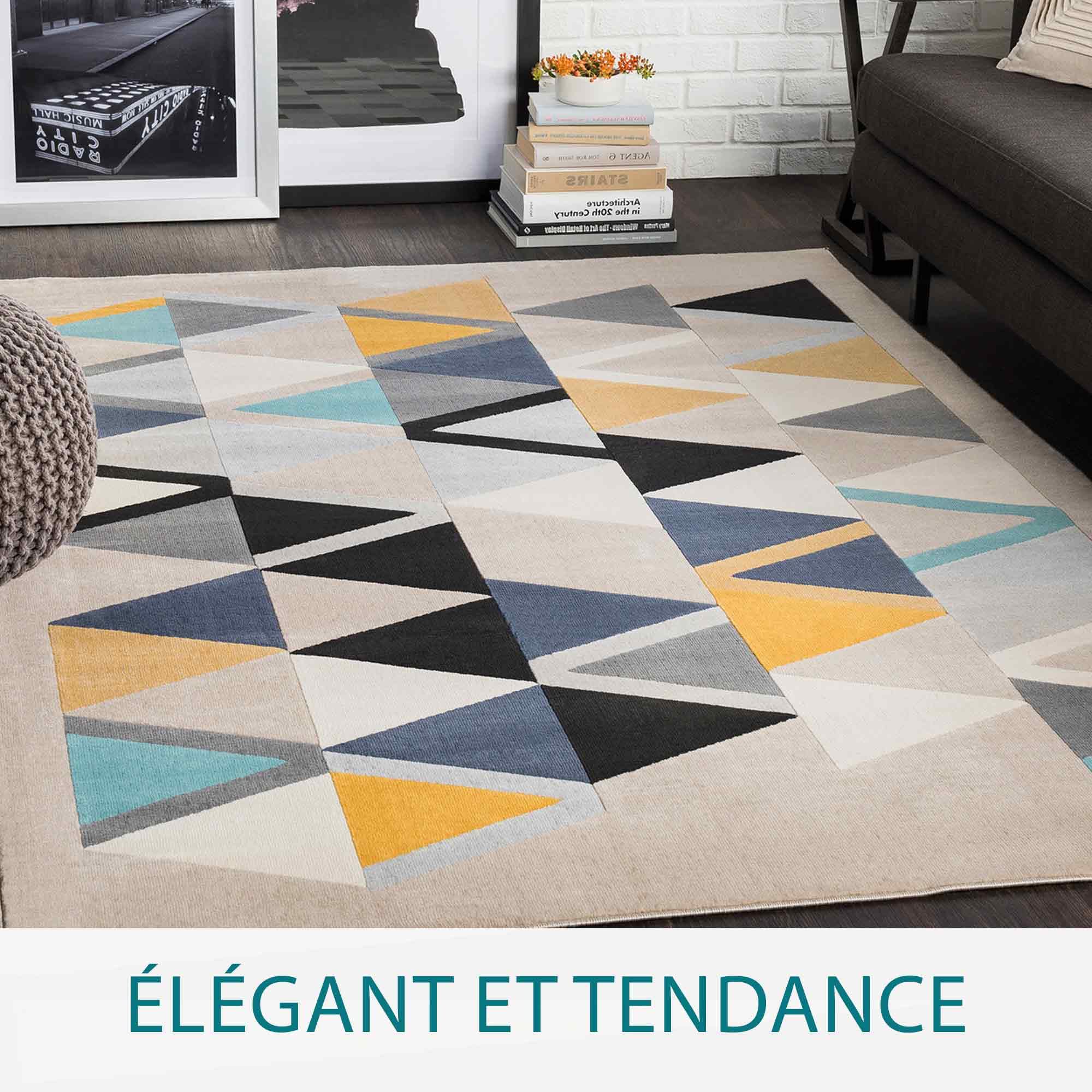 Surya Marietta Tapis de salon, style bohème, grand tapis pour chambre à coucher, 200 x 274 cm, tapis pour salle à manger avec motif géométrique, tapis de salon scandinave moderne en beige, jaune, bleu