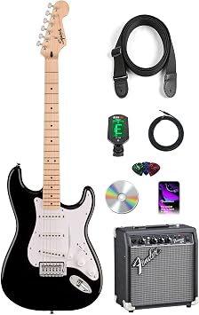 Fender Squier Sonic Stratocaster - Black Bundle with Frontman 10G Amp, Cable, Tuner, Strap, Picks, and Austin Bazaar Guitar DVD