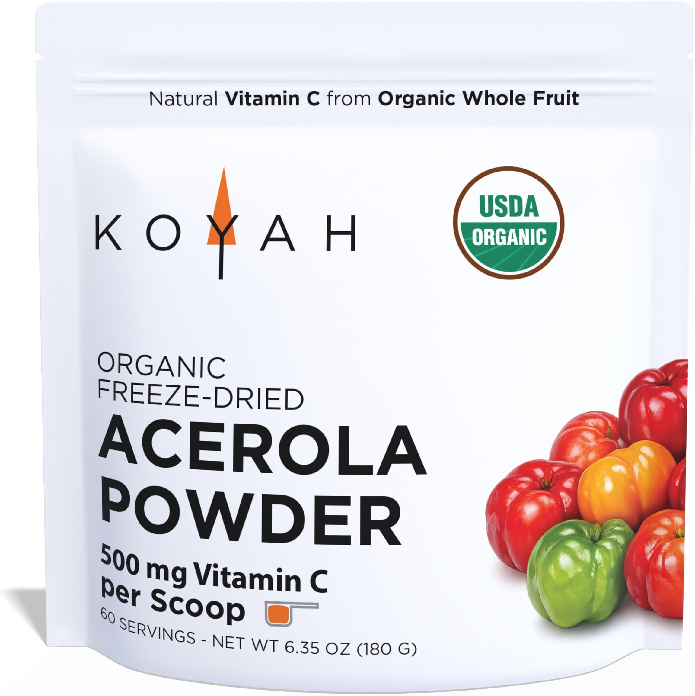 Organic Acerola Powder, Freeze-Dried: 60 Servings | 1 Scoop = 500 mg Natural Vitamin C from Whole-Food, 100 Pure, No Additives