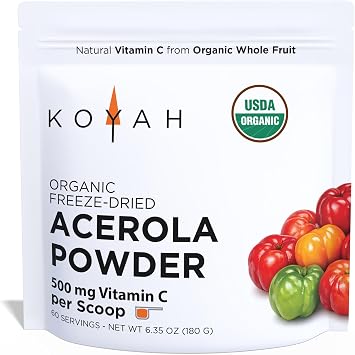 Organic Acerola Powder, Freeze-Dried 60 Servings | 1 Scoop = 500 mg Natural Vitamin C from Whole-Food, 100 Pure, No Additives