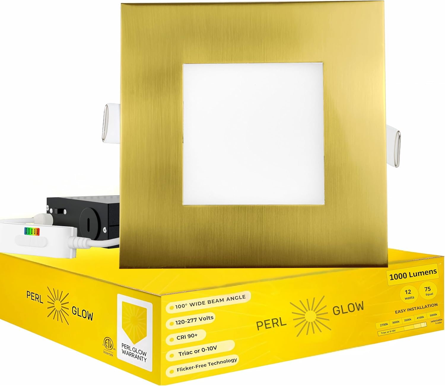 4 inch Slim Ultra-Thin Square Downlight Luminaire, Brushed Brass Finish, LED Recessed Light Fixtures Dimmable 12W=75W, 1000 Lumens, CRI 90+, 5CCT Selectable 2700K|3000K|3500K|4100K|5000K